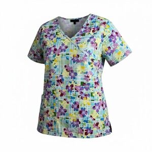 FLEX Women's Violet Floral Print V Neck Scrub‎ Top XS Stretch Nurse Medical